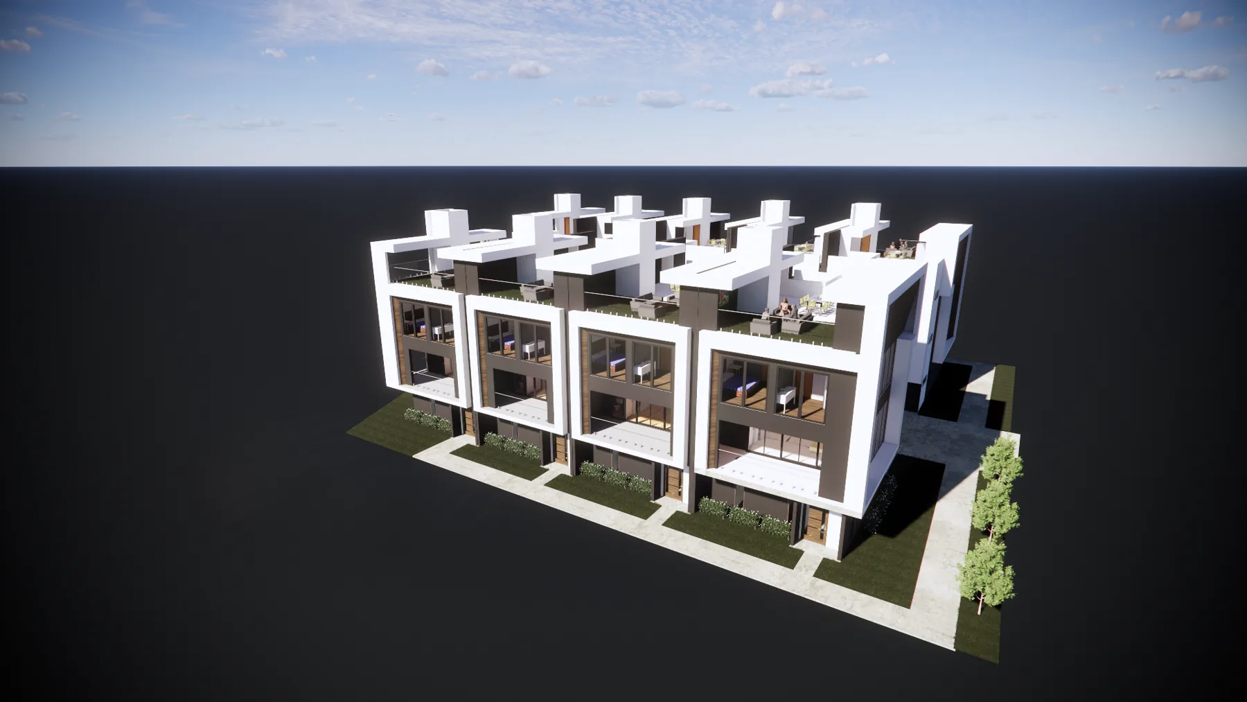 Aerial conceptual rendering of the full nine-townhome development with rooftop terraces and rear landscaping.