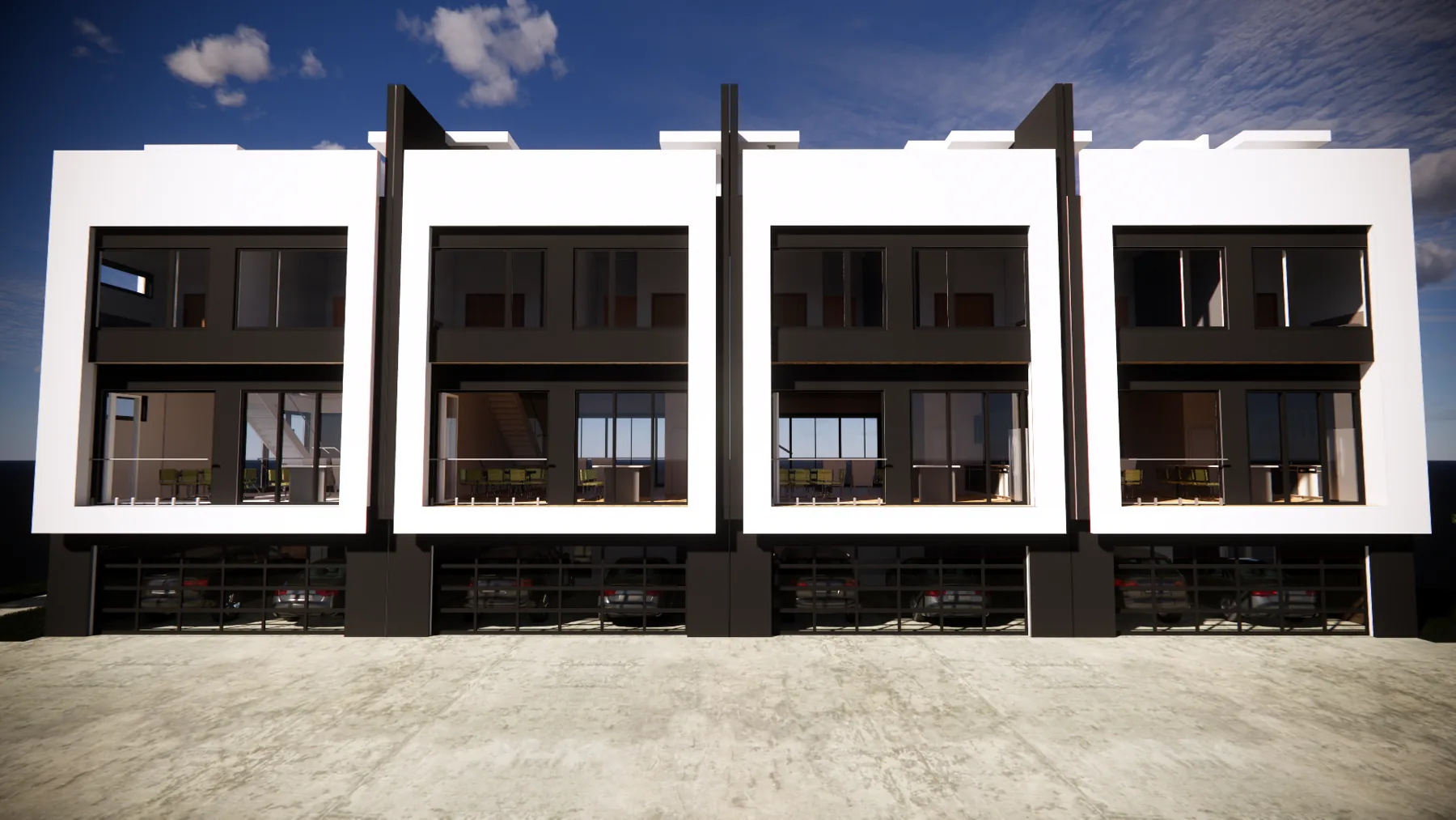 Conceptual rendering of the front elevation: four-level townhomes with white frames, dark recessed glazing, and private garages at street level.