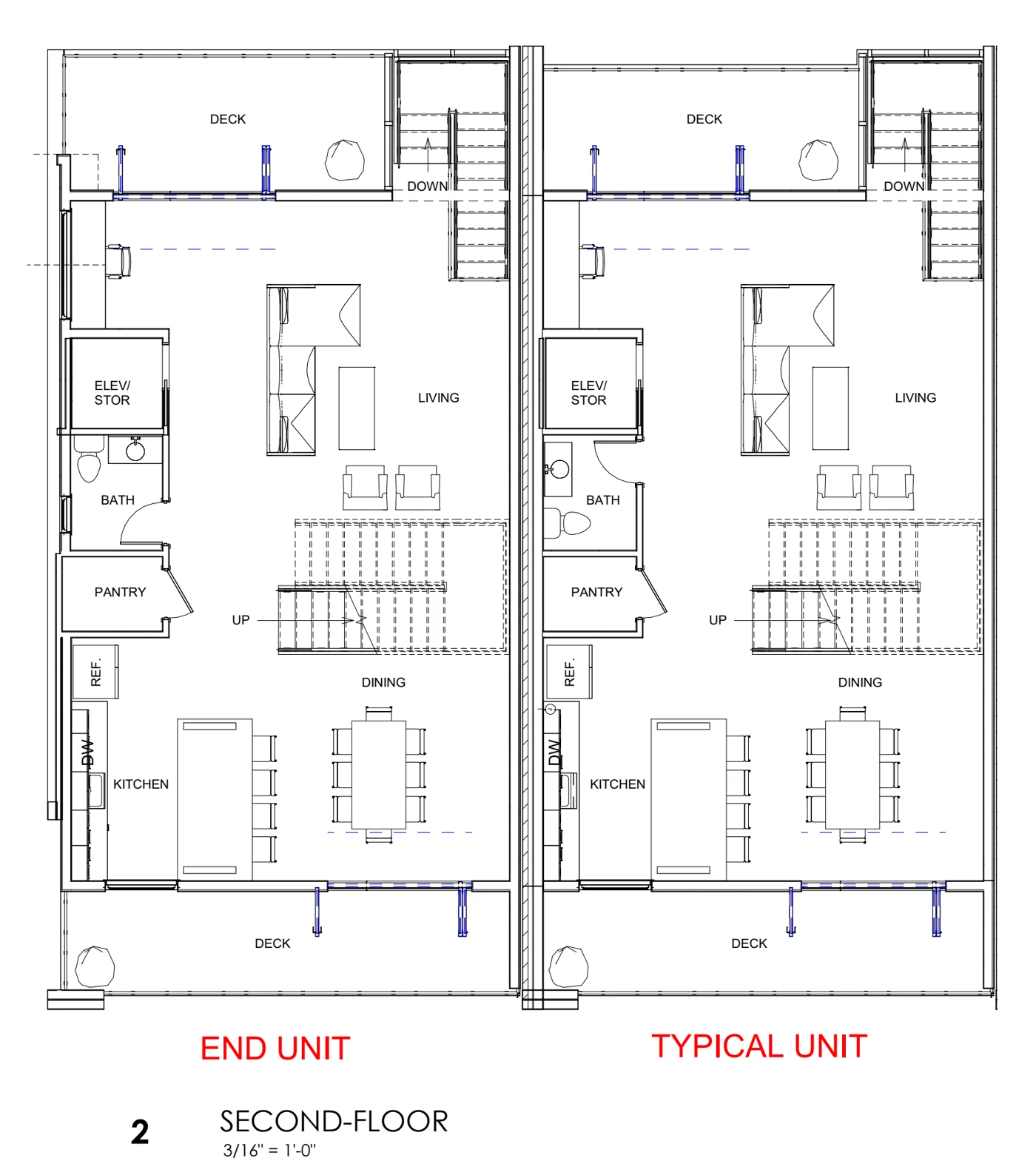 Second-floor plan of the end and typical townhome units showing kitchen, pantry, dining area, living space, bathroom, and front and rear decks.