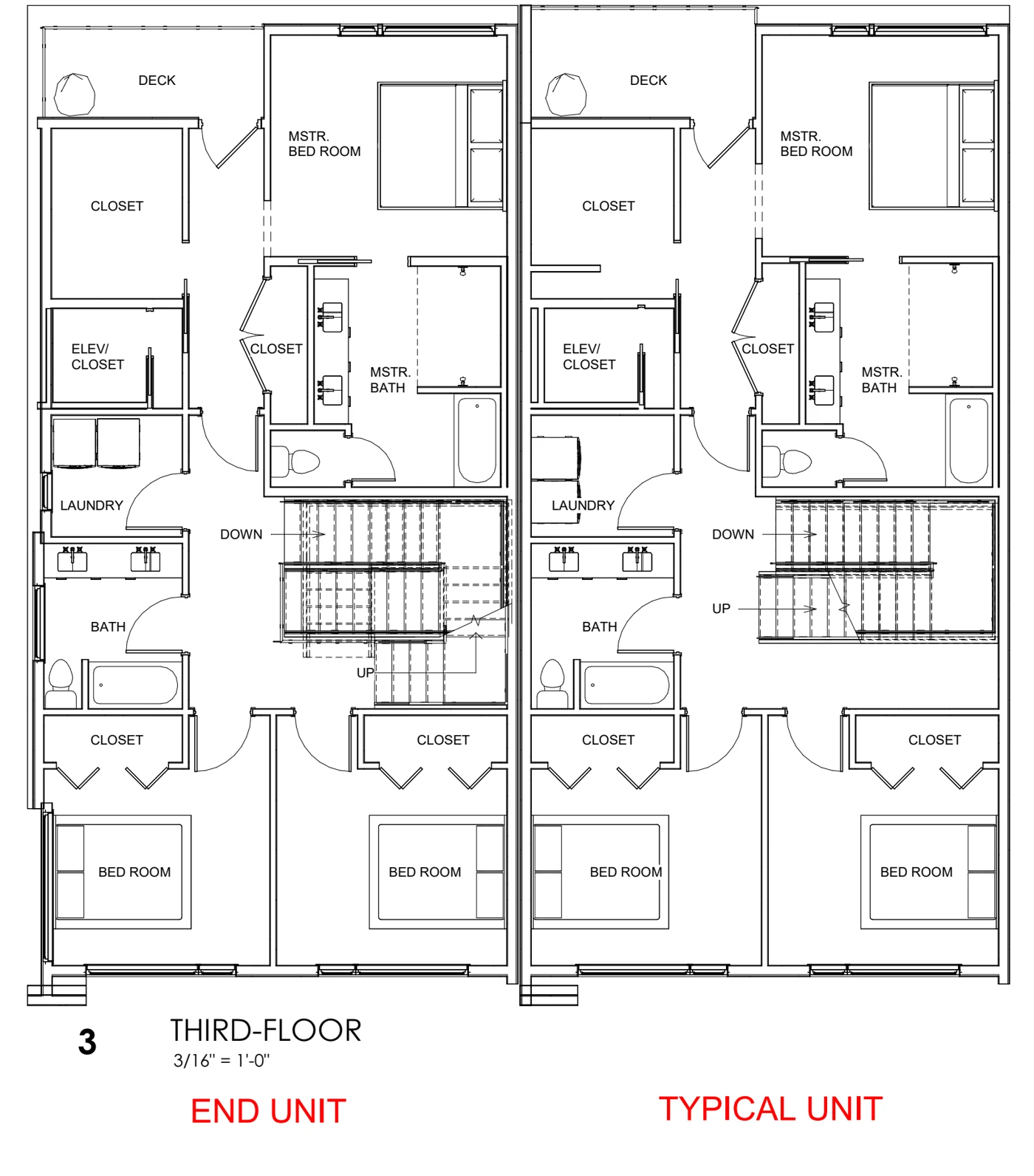 Third-floor plan of the end and typical townhome units showing the primary suite with bath and closets, two additional bedrooms, bathroom, laundry, and deck.