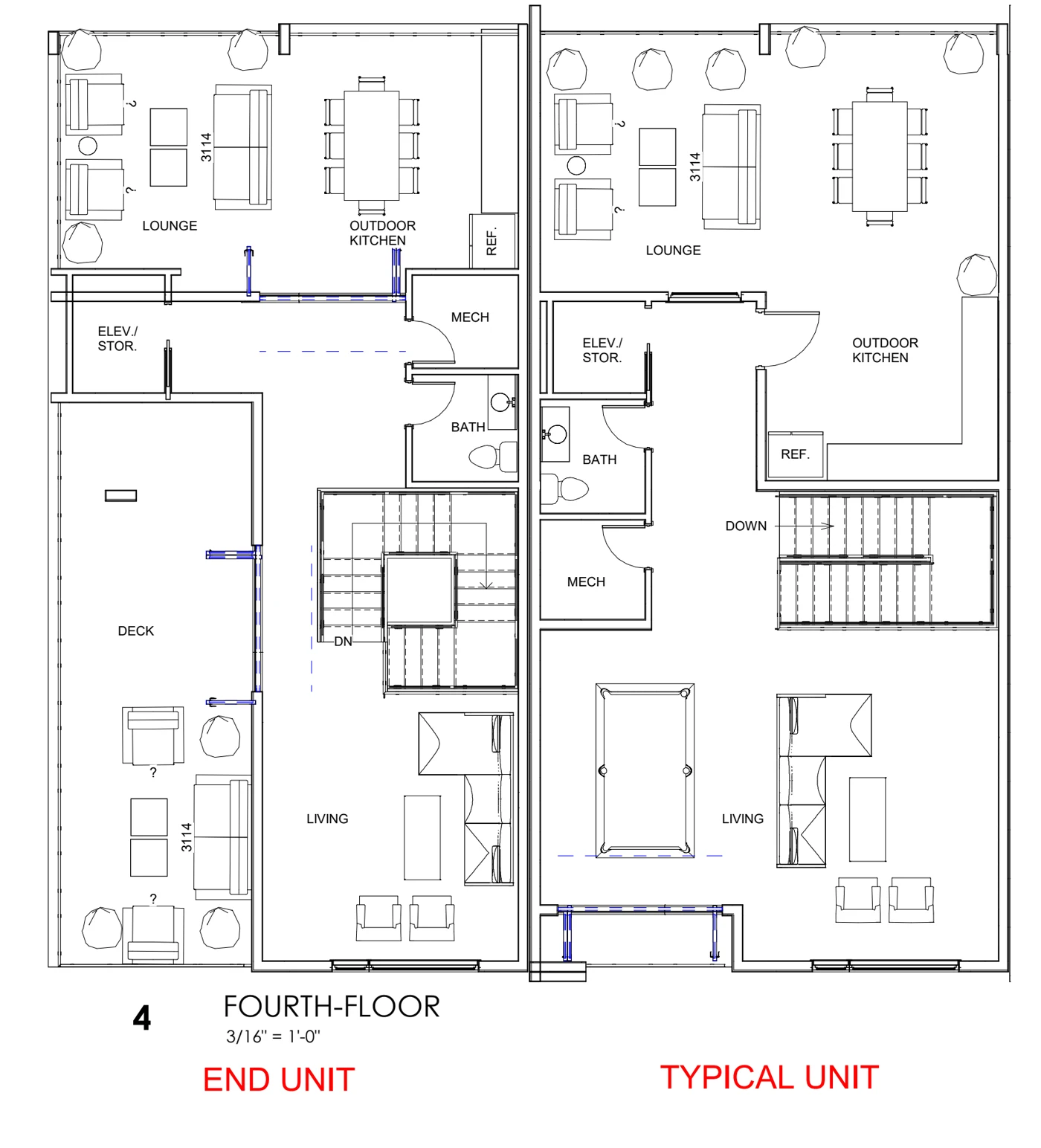 Fourth-floor plan of the end and typical townhome units showing lounge, living area, outdoor kitchen, bathroom, mechanical space, and upper deck.